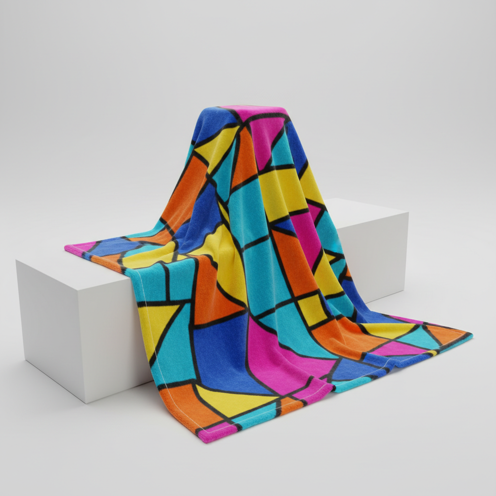 A vibrant, high-quality product photo of a fleece blanket. Show the full blanket spread out or draped beautifully, displaying its entire surface. Bright, vivid colors with bold patterns — think colorful plaid, geometric prints, or rich solid colors like teal, coral, or purple. Soft fluffy texture clearly visible. Clean neutral or white background. No logos, no text, no branding. Professional e-commerce photography style.