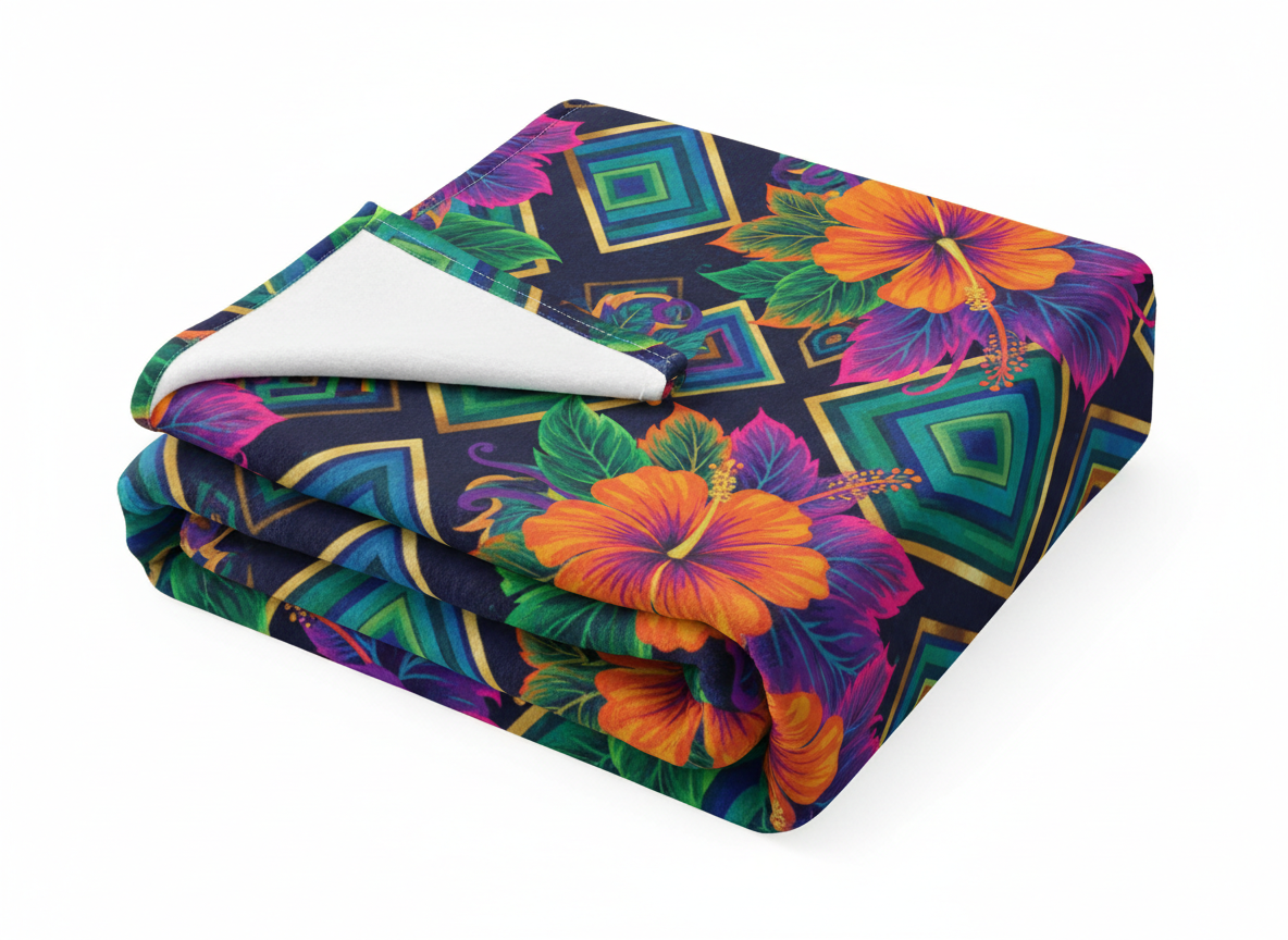 Customized Flannel Blankets with vibrant full-color digital sublimation print — showing a soft double-sided flannel blanket folded and spread out to display a bold custom all-over print pattern (floral or geometric design). Clean white background, professional e-commerce product photography style, showing the blanket's soft texture and rich color print quality.
